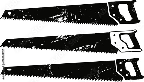 Three vintage hand saws with distressed textures and wooden handles in black silhouette