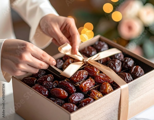 Hands Tying A Bow On A Luxurious Gift Box Filled With Assorted Dates Creating A Festive Atmosphere With Soft Bokeh Lights In The Background