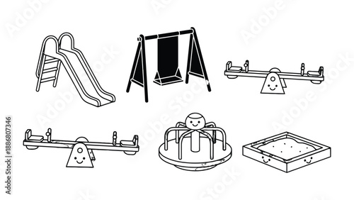 Playground of Imagination: Delightful illustrations of playground equipment, meticulously crafted to spark joy and fun, perfect for inspiring childhood reveries.