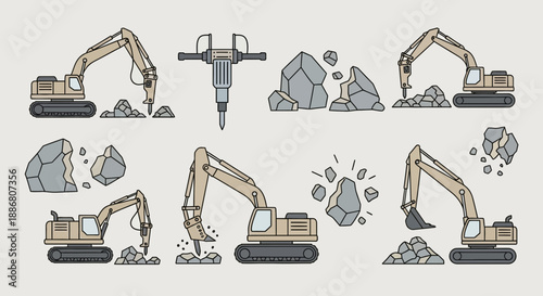 Powerful Excavators And Jackhammers Engaging In Heavy Rock Demolition And Earthwork