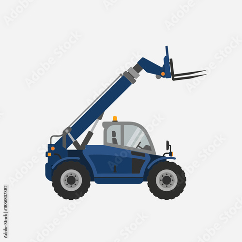 Powerful Blue Telehandler Lifting Machine Industrial Construction Vehicle Flat Design Vector