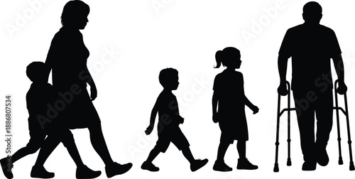 Silhouette of multi generation family walking together showing life stages aging mobility support disability care concept illustration