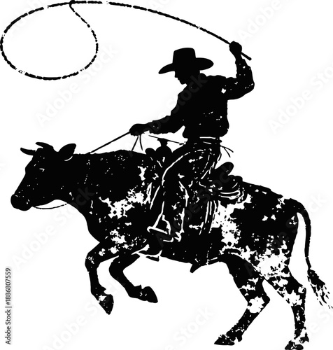 Cowboy riding bucking bull with lasso in rodeo action silhouette illustration