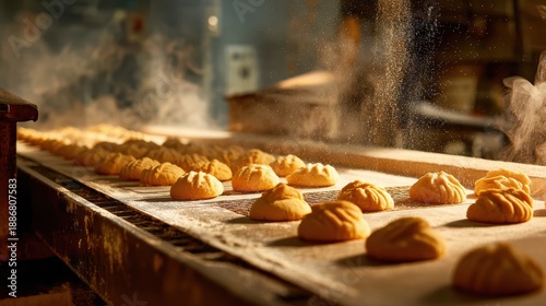 Fresh baked cookies rest on a conveyor belt, dusted with flour. Great for bakery ads, food blogs, and industrial process themes.