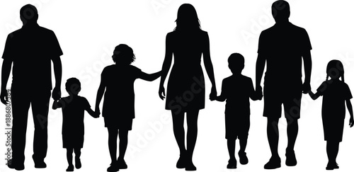 Silhouette of large family holding hands walking together symbolizing love unity parenting childhood and strong family bonds