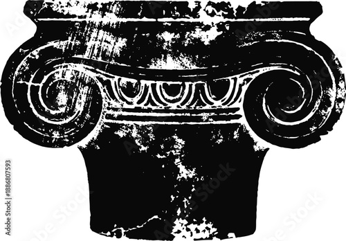 Ancient ionic column capital with volutes and decorative details in black and white distressed