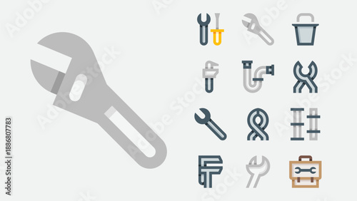 Plumbing tools and pipe repair icons set