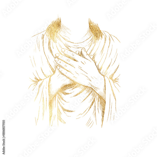 Golden Jesus Hand on heart gesture of compassion and faith, pencil sketch religious illustration with biblical clothing folds. Symbol of sincerity, mercy, devotion, humility, spiritual emotion
