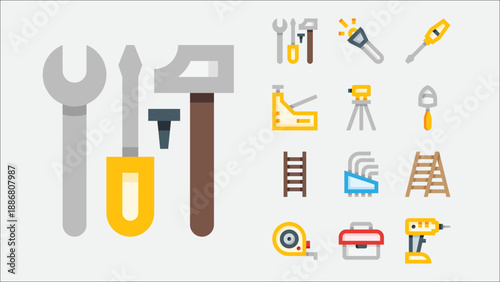 Repair tools and maintenance icons set