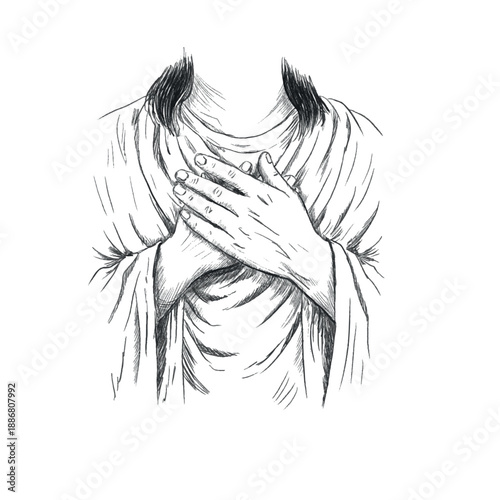 Jesus Hand on heart gesture of compassion and faith, pencil sketch religious illustration with biblical clothing folds. Symbol of sincerity, mercy, devotion, humility, spiritual emotion