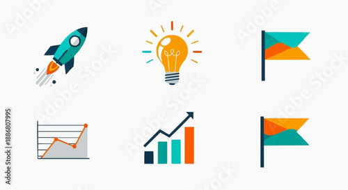 Illustration of business growth icons including rocket, lightbulb, and graphs viewed from directly above in a modern environment with flags and charts.