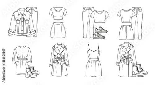 Fashion illustration vector collection of women outfits and apparel including jackets jeans skirts dresses and shoes with accessories for casual and formal wear outfits collection
