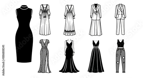 Set of female clothes fashion illustrations includes elegant evening gowns long bohemian dresses chic business suits casual denim outfit and classic black sleeveless dress on white background