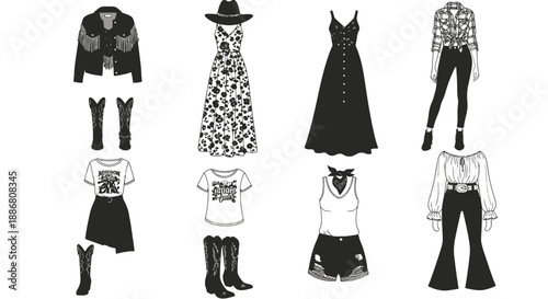 Diverse western fashion and boho chic illustrations featuring fringed jackets, floral dresses, graphic tees, cowboy boots, and wide-brimmed hats for rustic style concepts