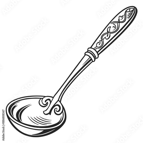 Traditional kitchen metal spice roasting spoon, a small tool for toasting aromatic herbs and seasonings.