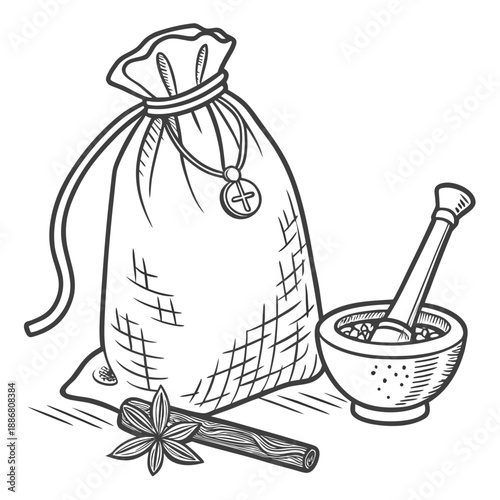 Handmade village cloth spice pouch featuring a drawstring closure, ideal for storing and gifting fragrant herbs.