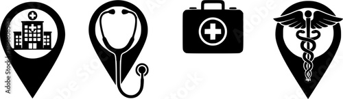 Four location pin icons representing medical facilities and buildings
