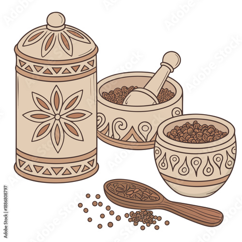 Set of handcrafted clay spice containers with tribal patterns, clean vector design