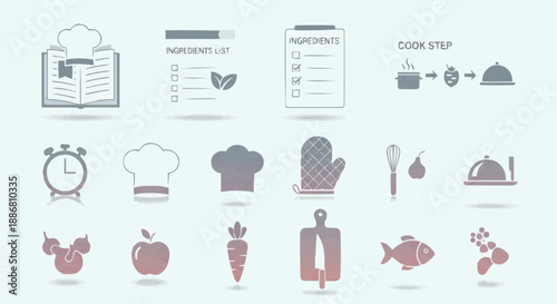 A collection of culinary icons and symbols representing cooking steps and ingredients in a modern, minimalist style.