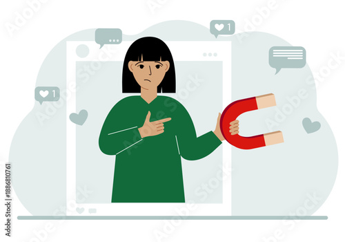 Social media influencer. A woman holds a magnet in a social profile frame. Various icons. Vector flat illustration