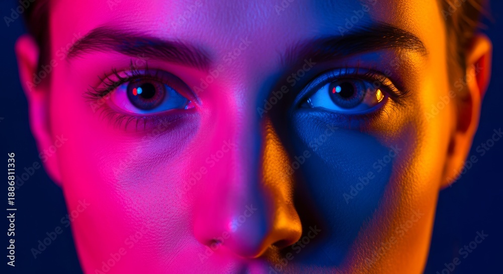 Fototapeta premium Neon Light Portrait of Woman with Vibrant Color Lighting for Creative Beauty Concept