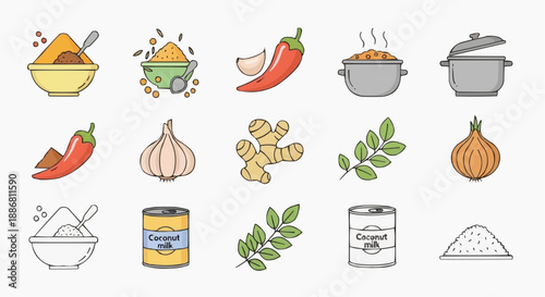 Assorted cooking ingredients and kitchen utensils illustration depicting food preparation scene from overhead viewpoint