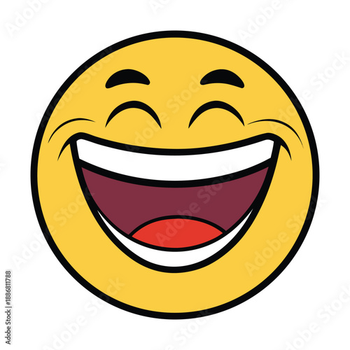 A bright yellow happy face with a wide laughing mouth, eyes closed in joy, and tears of laughter streaming down, radiating pure fun and unstoppable giggles.
