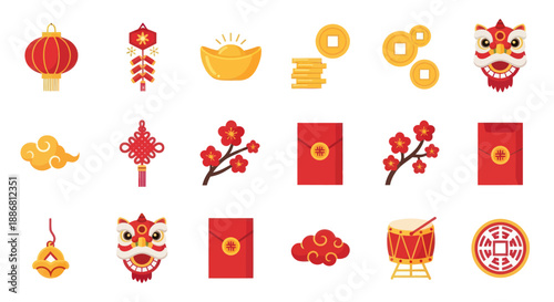Chinese New Year Icons Set: Lanterns, Lion Dance, Red Envelopes, Coins, Firecrackers