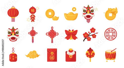 Chinese New Year Icons: Lanterns, Lion Dance, Gold, Red Envelopes, Festive Symbols