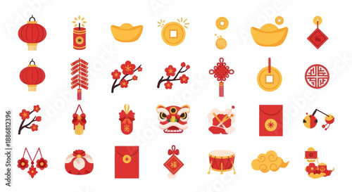 Chinese New Year Icons Collection - Red Lanterns, Firecrackers, Gold Ingots & Lucky Charms