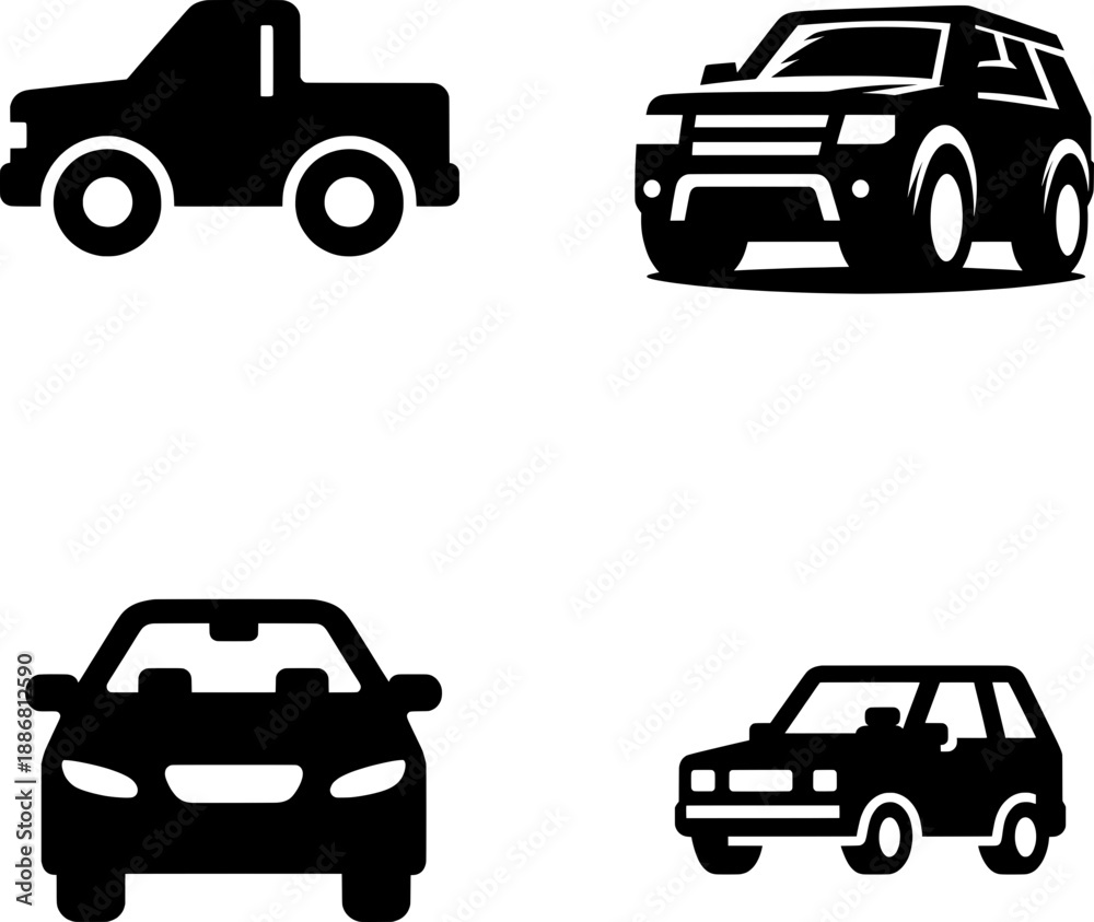 Obraz premium four flat black and white car silhouette vector icon, clean solid shape isolated on white background