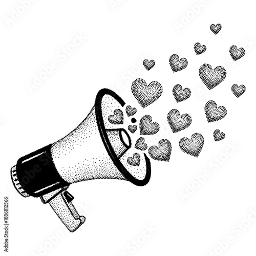 megaphone blowing many hearts illustration in retro halftone style