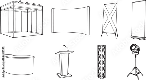 A collection of varied booth setups, portable displays, and related structures for diverse events are meticulously arranged in a clean, professional line.