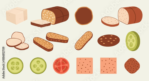 Assorted food items, including cake, cheese, and fruit slices, arranged in a grid pattern, viewed from directly above, showcasing various textures and illustrations.
