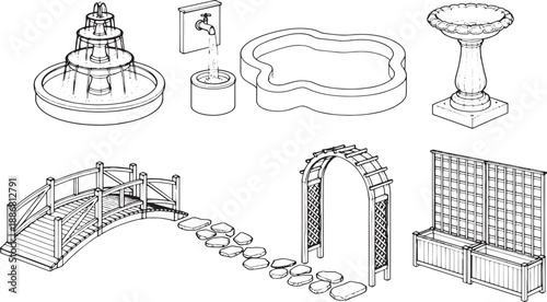 A collection of meticulously crafted garden elements, arranged in a visually engaging monochrome design.