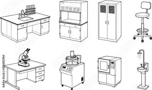 Detailed outline drawing of science lab equipment and furniture, featuring a high-angle shot, providing an organizational view.