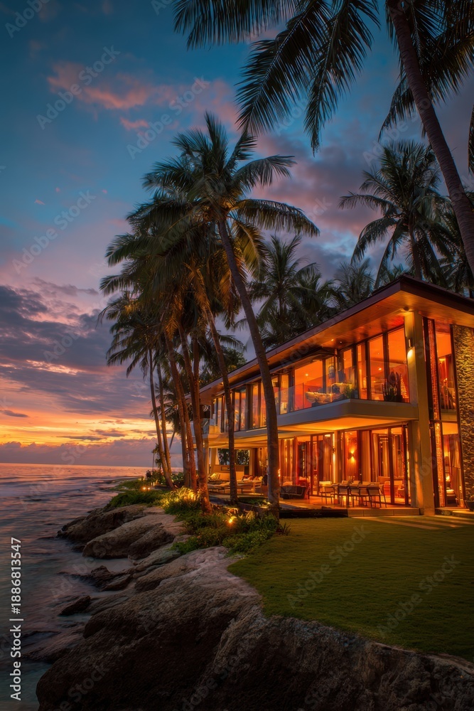 Obraz premium Real estate business market, house home building purchase sale. A modern house situated on a tropical beach at twilight, illuminated by lights and surrounded by lush palm trees.