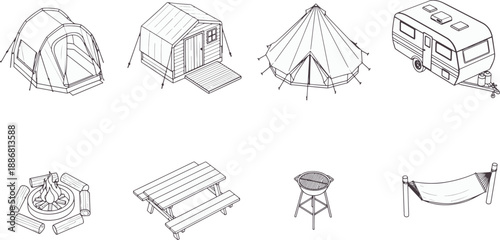 Camping gear isolated on the pure surface, perfect for outdoor enthusiasts, this monochromatic collection showcases a diverse selection of camping essentials, providing a glimpse of outdoor living.