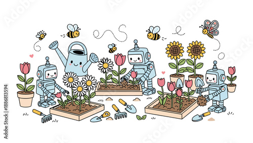 Robots Gardening in a Floral Paradise: Robots tending to flowers, epitomizing the harmony of technology and nature. Robots caring for diverse flowers surrounded by bees.