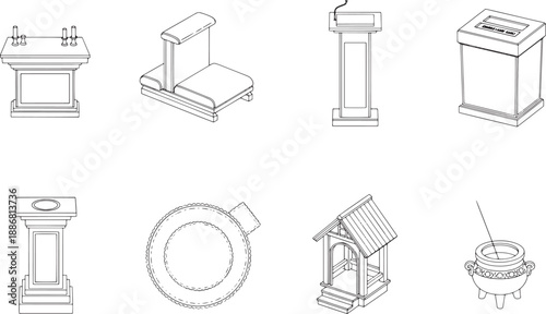 Collection of illustrative structures and objects, showcasing architectural forms and diverse artifacts. The monochrome aesthetic amplifies each item's form and essence.