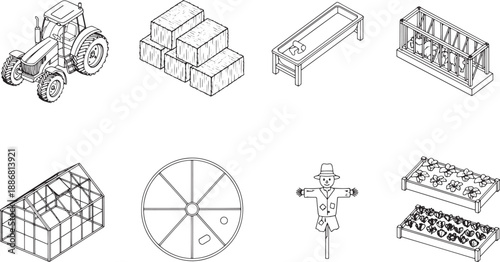A captivating illustration of essential farming elements, each meticulously rendered, offering a comprehensive glimpse into rural life, all within a clean, monochromatic aesthetic.