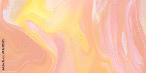 High resolution abstract background featuring dynamic, flowing waves of warm pastel colors liquid marble effect combines soft peach, vibrant yellow, and delicate pink.