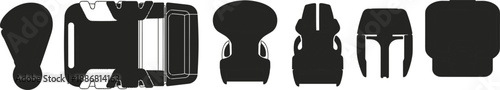 Black Vector Illustration Set of Plastic Buckles Carabiner and Fasteners for Bags Backpacks Outdoor Gear Equipment and Industrial Product Design
