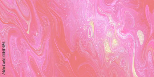 Abstract pink and gold liquid background, fluid acrylic pour pastel rose and yellow textured creating an organic, elegant swirling pattern.
