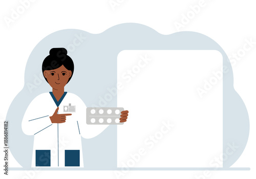 A female doctor holds pills in his hand. Large white sheet for text. Vector flat illustration