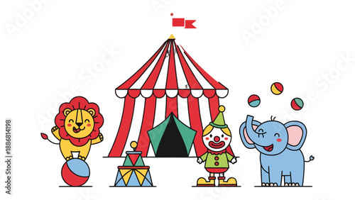 Enchanting Circus Spectacle: A vibrant illustration showcasing a charming circus scene with a joyful lion balancing on a ball, a clown, and a playful elephant juggling colorful spheres.