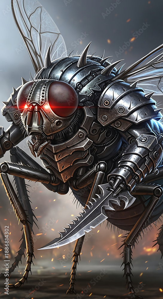 Obraz premium Mechanical insect warrior with glowing red eyes and sharp blades.