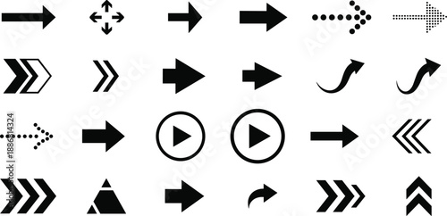 Black arrow icon set collection, mixed directional navigation symbols, UI UX interface elements, minimal vector arrows and media controls on white background