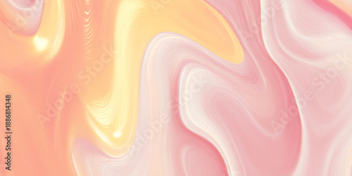 High resolution abstract background featuring dynamic, flowing waves of warm pastel colors liquid marble effect combines soft peach, vibrant yellow, and delicate pink.