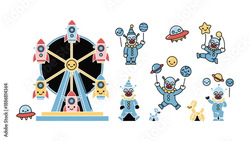 Cartoon Ferris Wheel and Clowns Illustration: This illustration captures a whimsical scene with a cartoon Ferris wheel and a collection of cheerful clowns, exuding joy and fun.